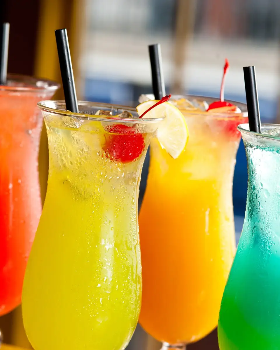 Four tropical cocktails in hurricane glasses, red, yellow, orange and blue