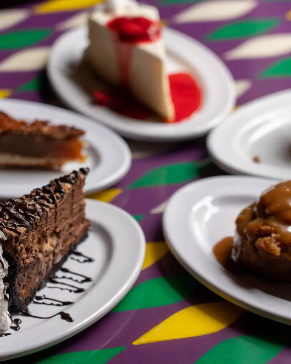Five desserts from above: cheesecake, bread pudding, pecan pie, chocolate mousse and a crepe