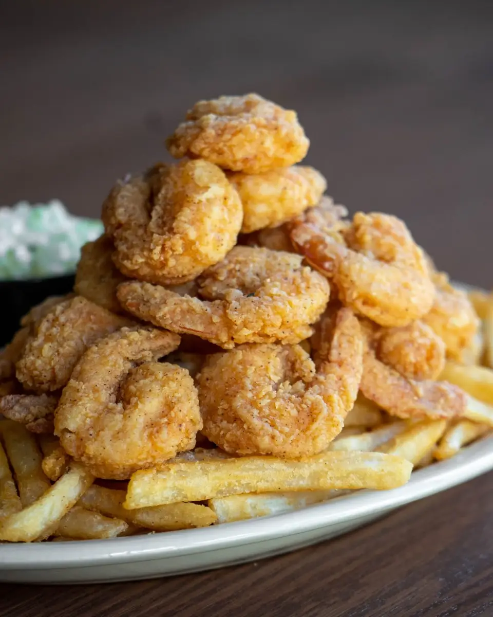 A fried shrimp platter with fries, coleslaw and lemon