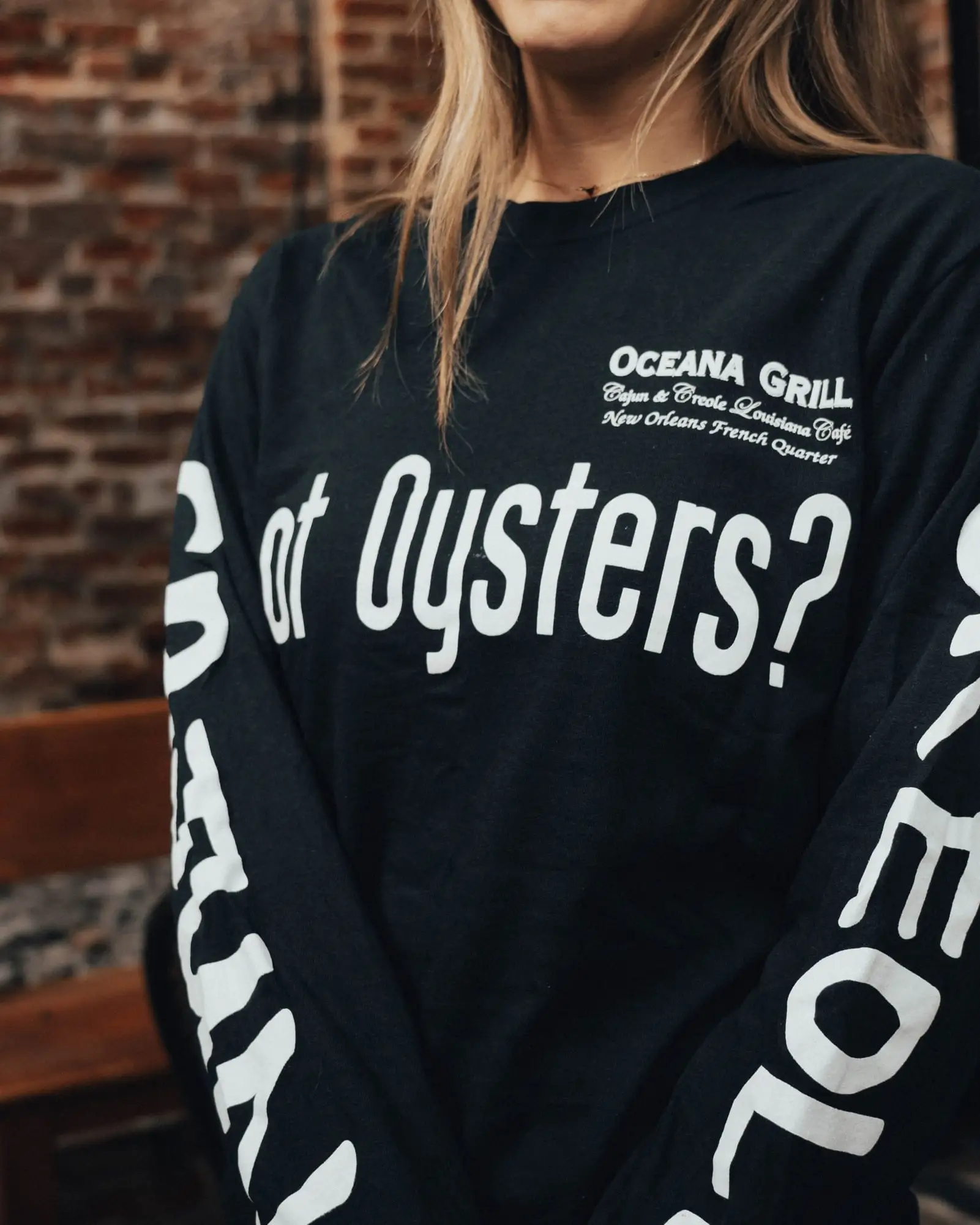 Black long-sleeve “Got Oysters?” Oceana T-shirt