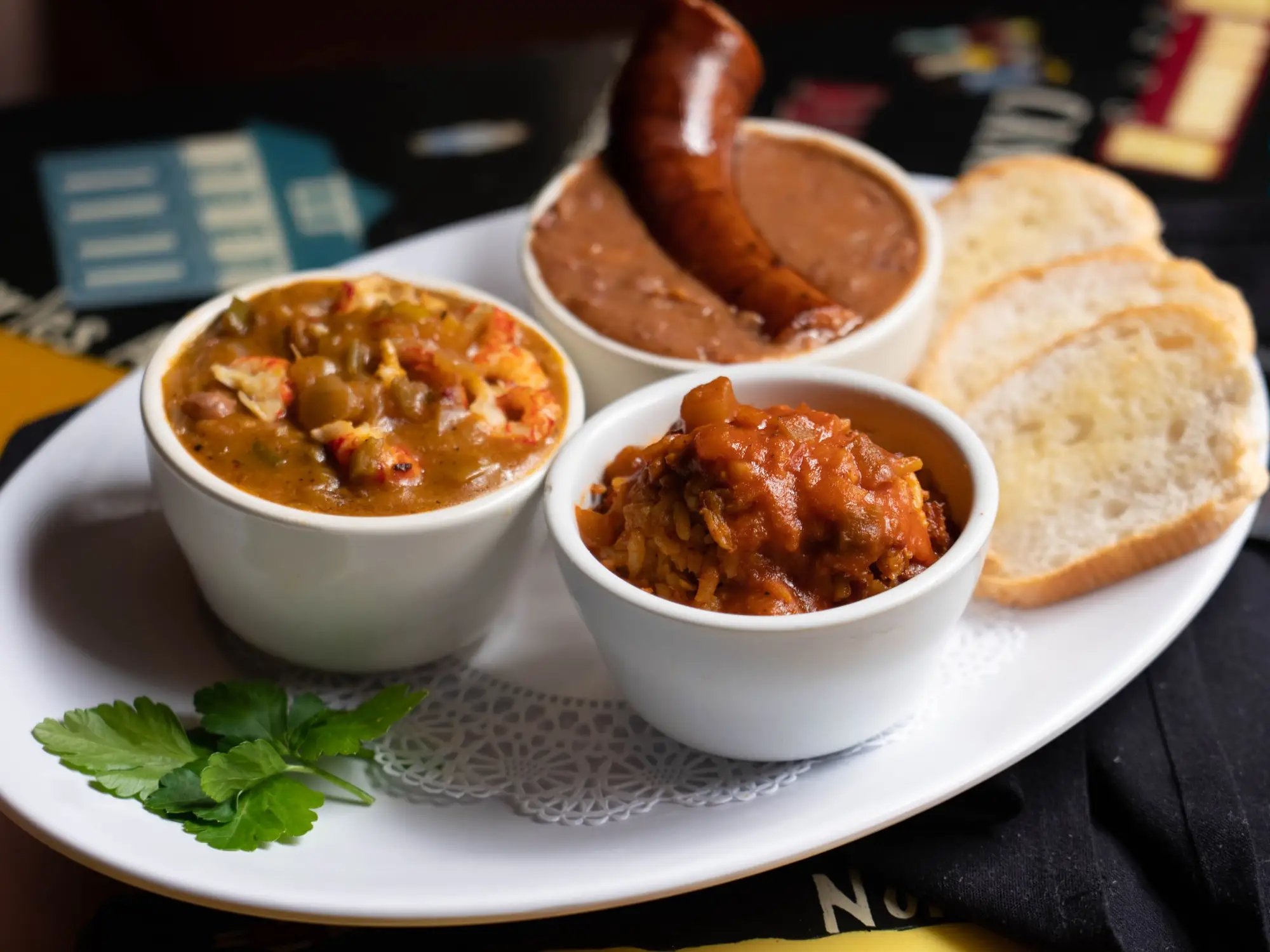 Taste of New Orleans: Creole jambalaya, crawfish étouffée and red beans & rice with smoked sausage and French bread